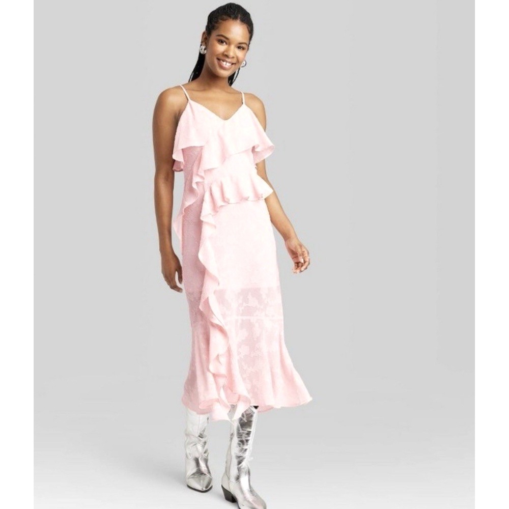 Wild Fable Pink Floral Jacquard Ruffle Midi‎ Dress Womens Size XS Pastel NWT
